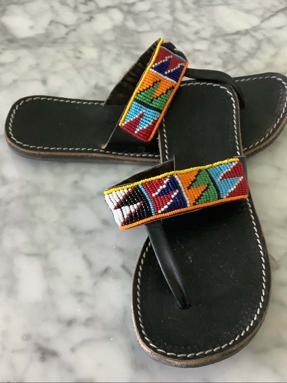 Beaded Black Leather Thong Sandals - Multicolor Beadwork sz 39